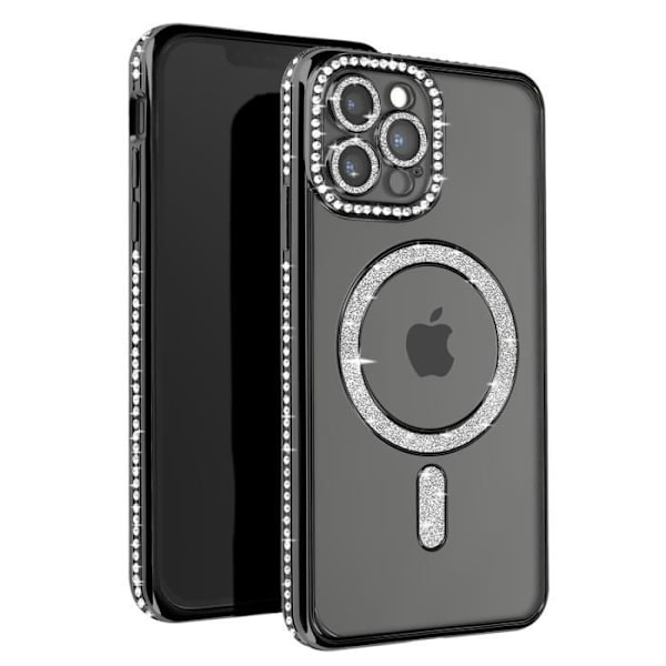 Diamond Case iPhone 12 Pro Max -puhelimelle - AVIZAR - MagSafe Protection - Rhinestone Contour - Musta Svart
