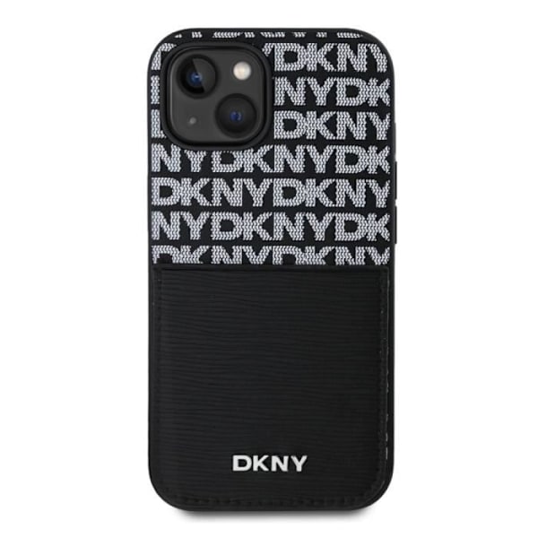 iPhone 15:n takakotelo, jossa DKNY-mustakorttipussukka Vit
