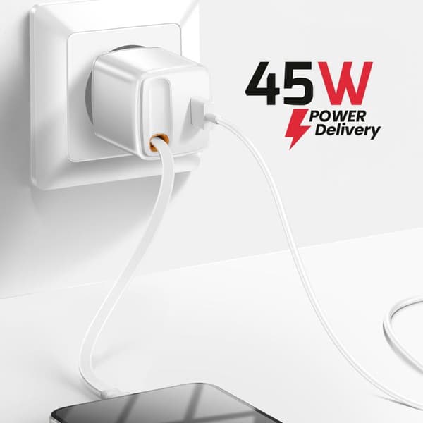 USB-A Vægoplader 45W med Indbygget 0.75m USB-C Retractable Kabel Swissten