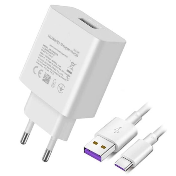 USB vægoplader - Huawei - SuperCharge 40W - Hurtig opladning - USB Type-C kabel inkluderet - Hvid Vit