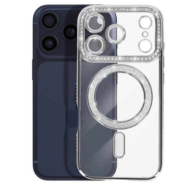 iPhone 17 Pro-fodral kompatibelt med MagSafe med silverstrassad kant Grå