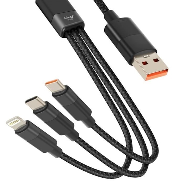 USB til Lightning + 2 USB-C kabel - LINQ - 60W hurtig opladning - Længde 1,2m - Sort Svart