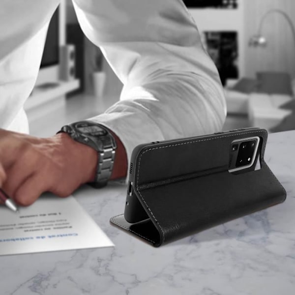 Étui Folio - AVIZAR - Galaxy S20 Ultra - Ægte Læder - Video Stativ - Kortlomme Svart