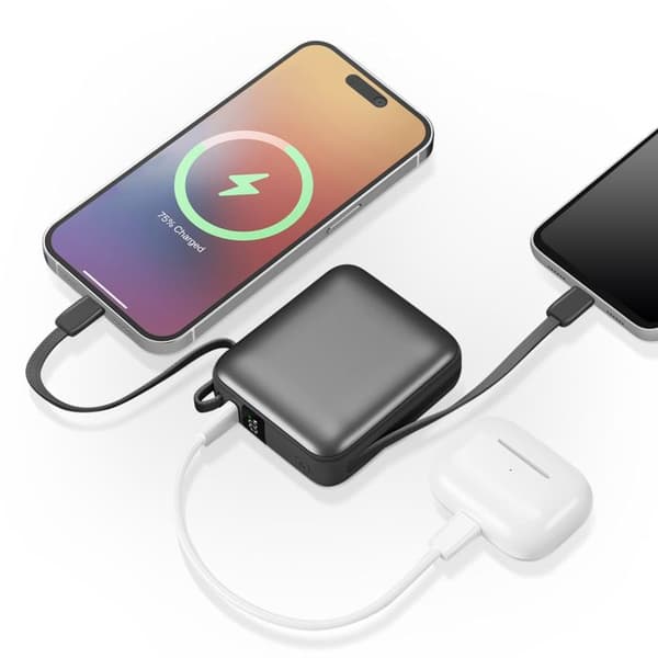 Extern batteri - AKASHI - 10000mAh - Snabb laddning 22.5W - USB-C och Lightning-kablar - LCD-display Grå