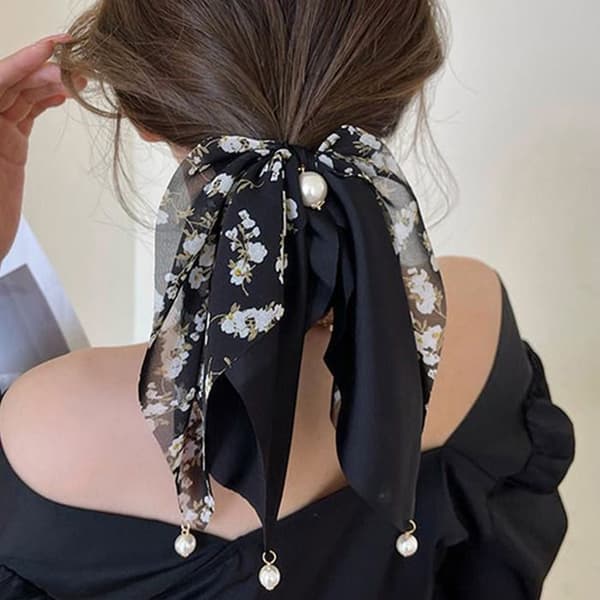 Chouchou Foulard Lang til Hår i Satin Perleformet Sort Sort Svart