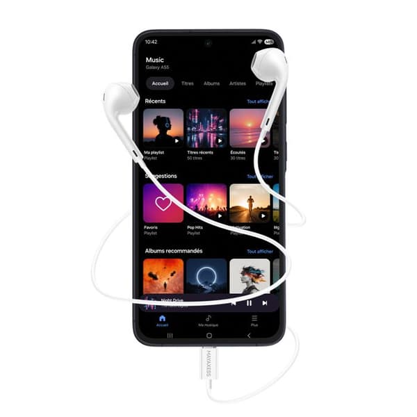 USB-C hörlurar - MAYAXESS - Galaxy A55 - Inbyggd mikrofon - Vit - Kompatibel med USB-C Vit