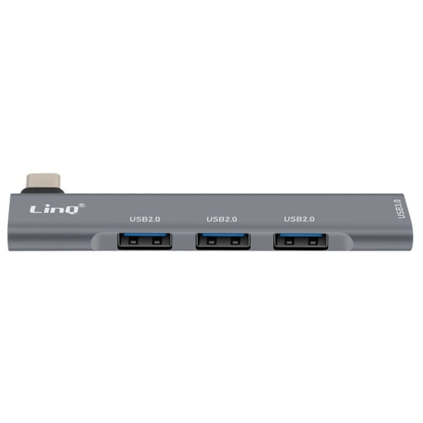 4 in 1 USB C HUB -sovitin, jossa 3 x USB 2.0 ja 1 x USB 3.0 5 Gbps OTG LinQ Silver