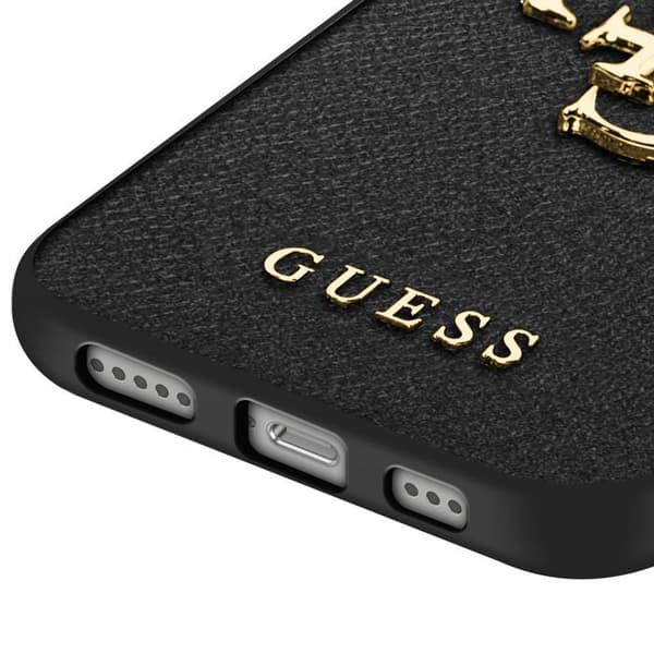 Coque til iPhone 16e Simili læder Saffiano med stort 4G Guess-logo i sort Svart