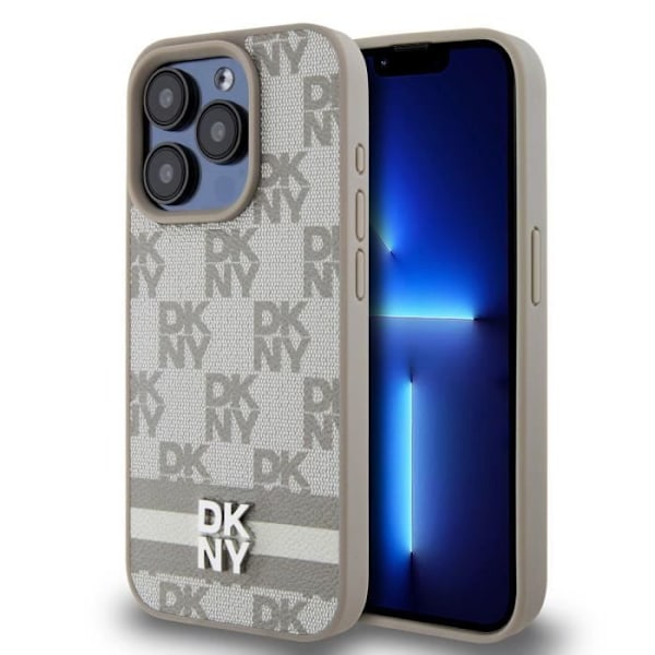 Elegant iPhone 13 Pro cover med ternede og stribede mønstre DKNY beige Grå