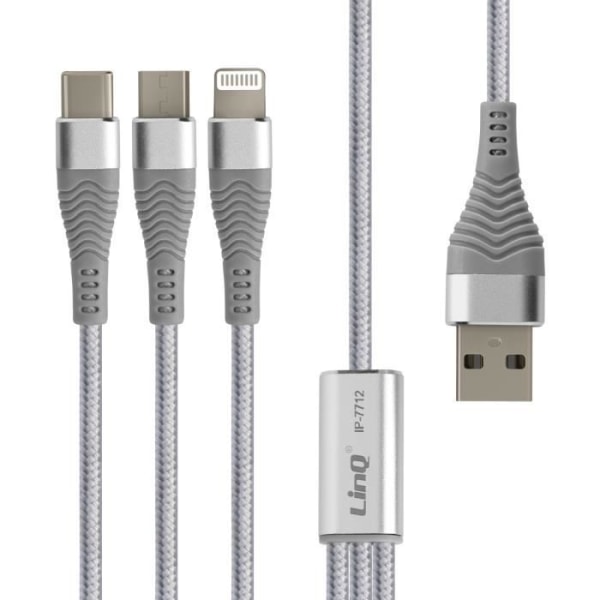 3 i 1 kabel - LINQ - 70 cm - USB-C, Micro-USB, Lightning - Flätad nylon - Silver Grå