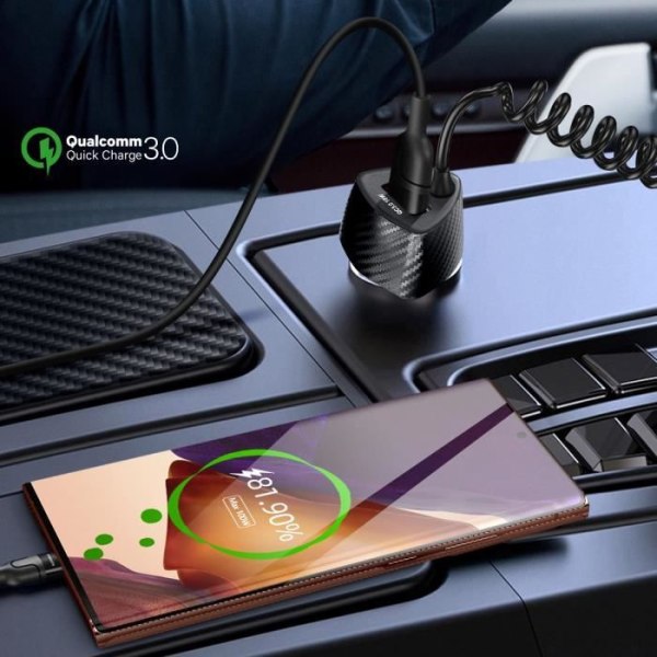 Lader til bil - Forcell - 38W - QC 3.0 - Indbygget USB-C kabel - Sort kulfiber Kolsvart