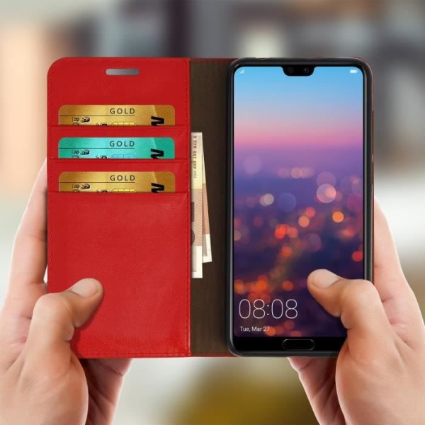 Etui - AVIZAR - Huawei P20 Pro - Ægte læder - Rød - Video support funktion Röd