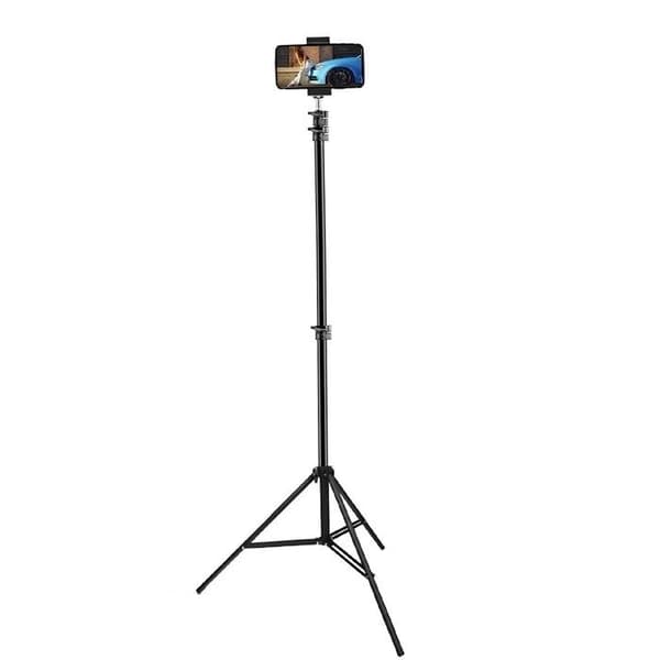 Justerbart teleskopstativ 1,6 m med smartphoneholder sort