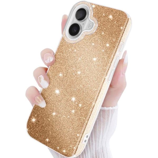 Cover - UNDERRETTE - iPhone 17 - Bi-Materiale - Glitrende Guld - Indbygget Håndledsrem Gul
