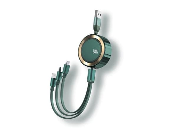 Retraktabel kabel 3-i-1 Micro-USB/Lightning/USB-C till USB-A 3A 480MBps 1,2m Grön Grön