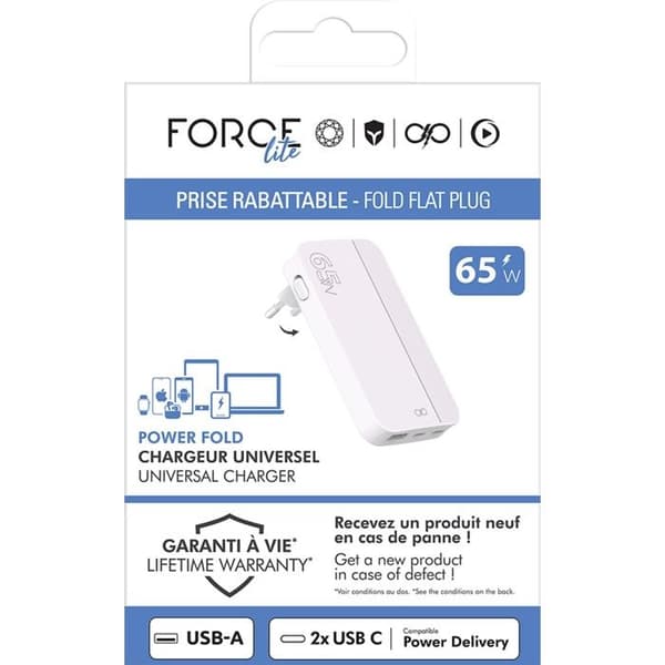 Strømadapter - FORCE POWER - Force Power Lite - 65W - USB-A + 2 USB-C - Fleksibel GaN Hvid Vit