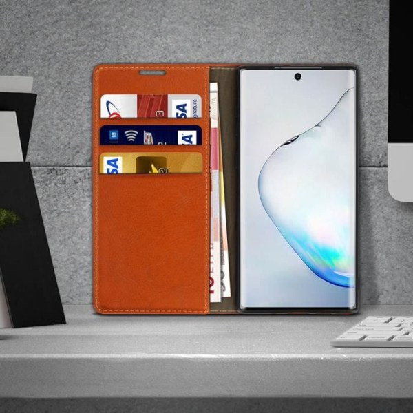 Foliofodral - Samsung - Galaxy Note 10 Plus - Äkta Läder - Videostativ - Kortficka Camel Brown