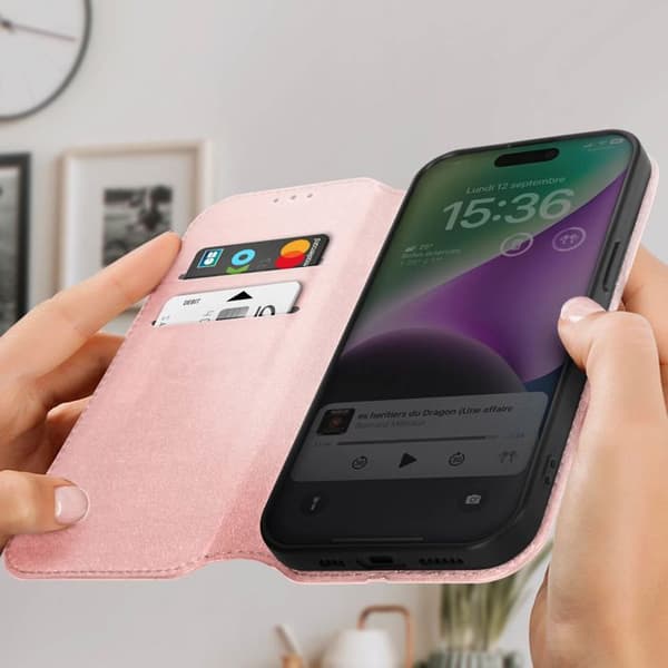 Plånboksfodral för iPhone 15 med magnetlock och ställ i rosa Ros