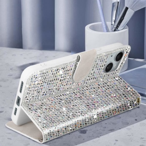 iPhone 14 Fodral Glitter Disco Wallet Video Stand Silver