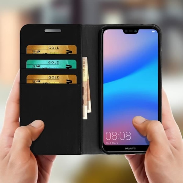 Huawei P20 Lite Fodral - AVIZAR - Plånboksfodral i läder - Svart - Videostöd - 3 kortplatser Svart