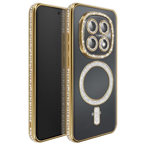 Cover til Redmi Note 15 Kompatibel med MagSafe med Guld Rhinestone Kant Gul