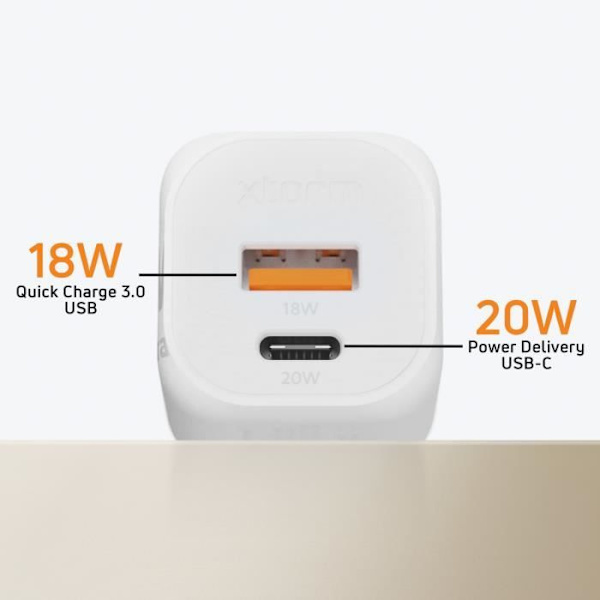 GaN² Sektorladdare 20W USB C + USB Kompaktformat Xtorm Vit Vit
