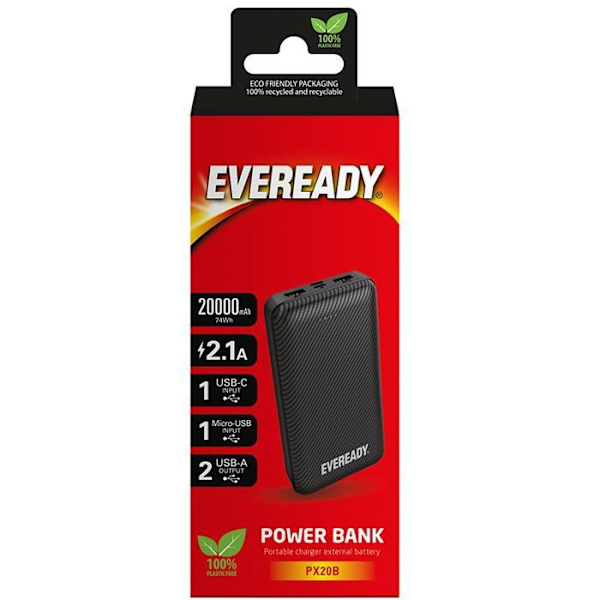 Ekstern Batteri - ENERGIZER - EVEREADY PX20B - 20000 mAh - USB-A/Micro-USB - Sort Sort