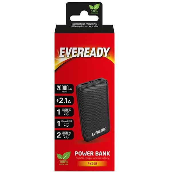 Ulkoakku - ENERGIZER - EVEREADY PX20B - 20000 mAh - USB-A/Micro-USB - Musta Sort