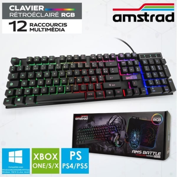 Pack Gamer - AMSTRAD - AMS-BATTLE - Tangentbord, Mus, Musmatta, Hörlurar - RGB-bakgrundsbelysning - USB