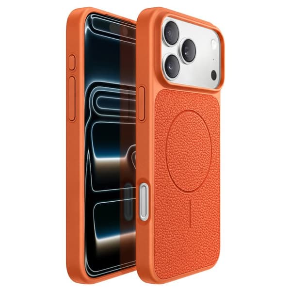 MagSafe-cover til iPhone 17 Pro, Bi-Materiale, Stødabsorberende, Lædertekstur, Orange Apelsin