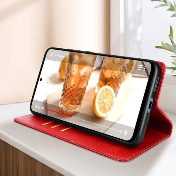 Punainen lompakkokotelo Xiaomi Redmi Note 12:lle tekonahka, videotuki Röd