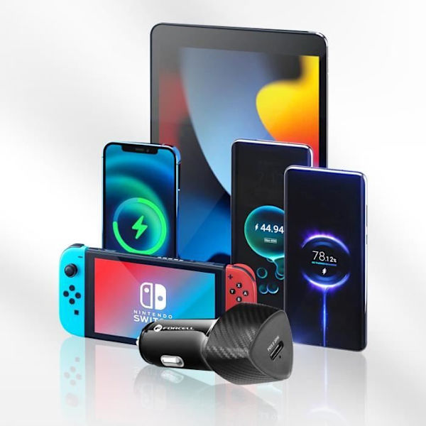 Forcell USB-C Biloplader 20W Strømforsyning Hurtig opladning Carbon Black Svart