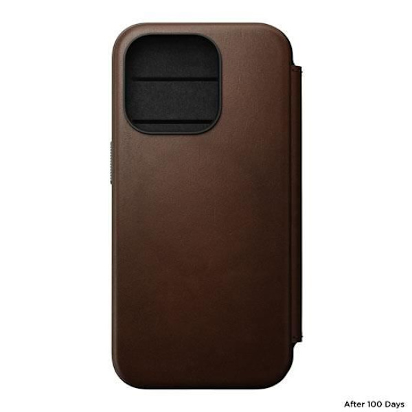Flip cover - Nomad - Folio Modern - Fuldnarvet læder - MagSafe kompatibel - iPhone 15 Pro kastanj