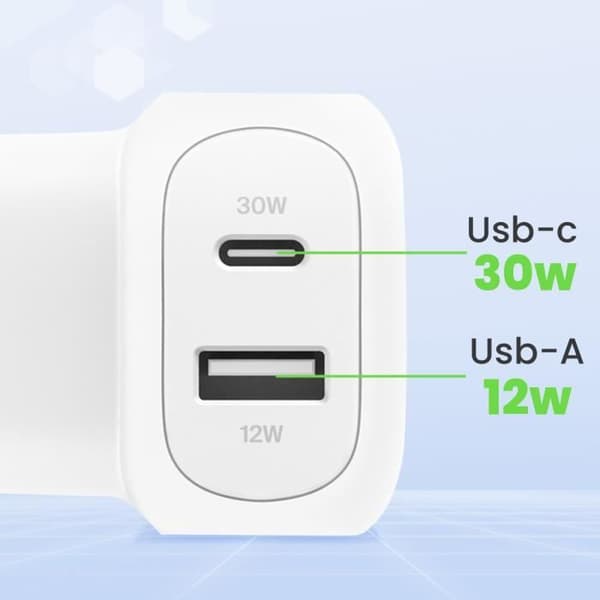 Strømadapter - Belkin - BoostCharge - USB-C Power Delivery 30W - USB 12W - Kompakt og let Vit