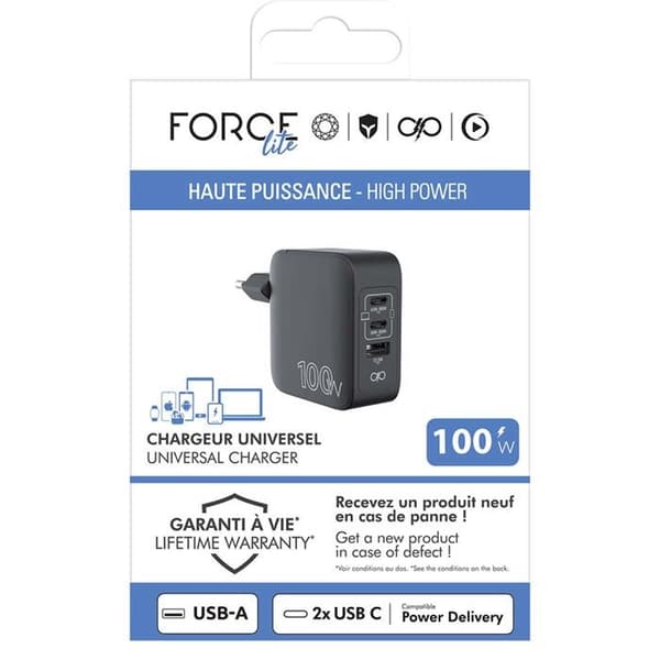 Vægoplader - FORCE POWER - Force Power Lite - USB-A + 2x USB-C - 100W Power Delivery - GaN Sort Svart