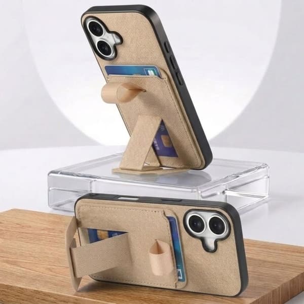 iPhone 17 Fodral med Tyg Effekt och Stöd samt Kortfack Kaki Grön