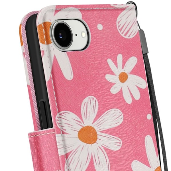 Fodral för iPhone 16e Margueritmönster med handledsrem och kortficka Fuchsia Rosa