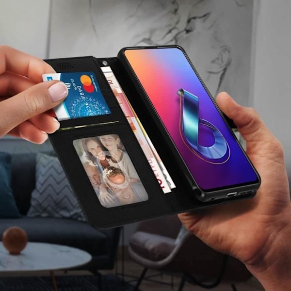 Folio kansi - AVIZAR - ZenFone 6 - Täysi suoja - Korttilokerot - Pehmeä kotelo Svart