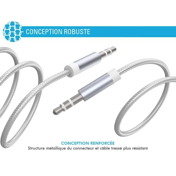 Ljudkabel 3,5 mm - FORCE POWER - Förstärkt vävd nylon - 3m - Vit - Optimal överföring