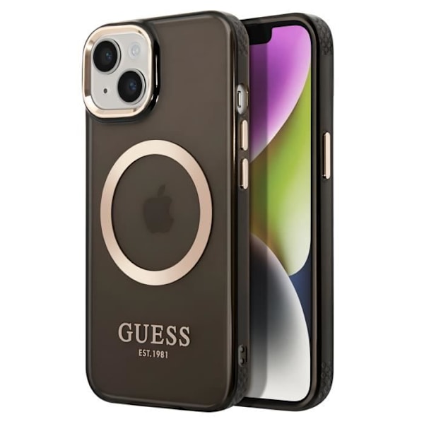 Coque för iPhone 14 Plus MagSafe Gold Outline Guess Noir Transparent