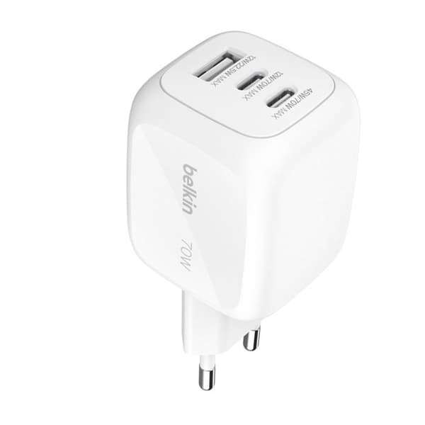 Belkin Hvid 3-i-1 Multiport USB-A 22.5W / 2 USB-C PD 70W GaN Oplader Vit