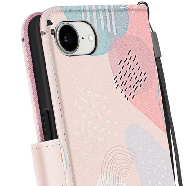 Plånboksfodral för iPhone 17 med pusselmönster, med ställ och rosa handledsrem Ros