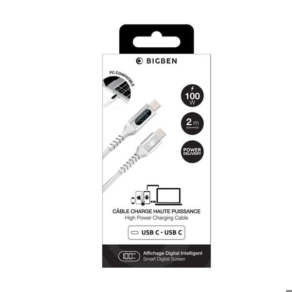 USB-C-kaapeli - BIGBEN - PD 100W 2m - Digitaalinen teho näyttö - Nailonpunottu - Valkoinen
