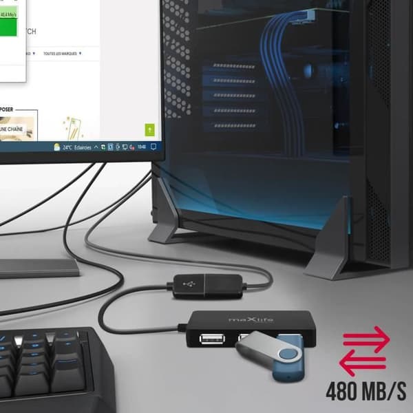 HUB USB - MAXLIFE - 4 porte - Forlængerkabel 1,5 m - Overførselshastighed 480 Mbps - Sort