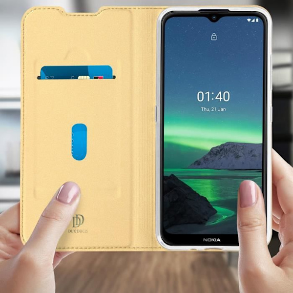 Hölster - DUX DUCIS - Nokia 1.4 - Ekoskinn - Kortficka - Ställfunktion guldgul