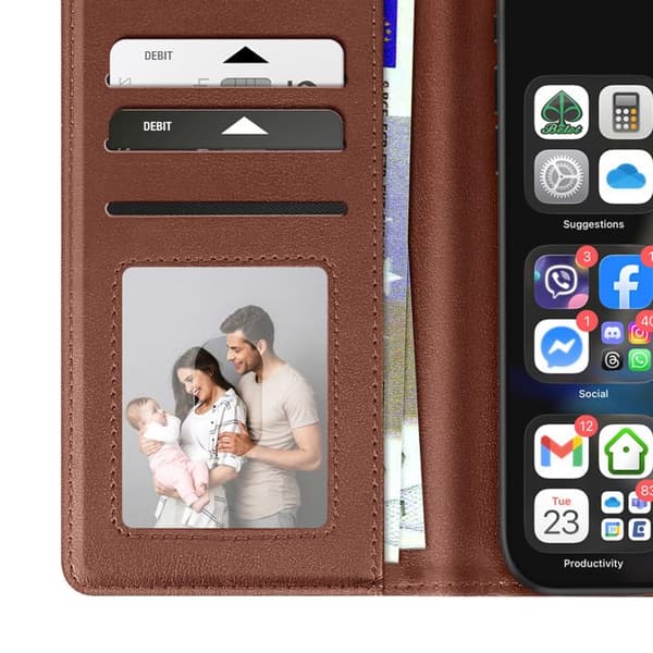 Plånboksfodral för iPhone 17 Pro i premiumläder med ställfunktion brun kastanj