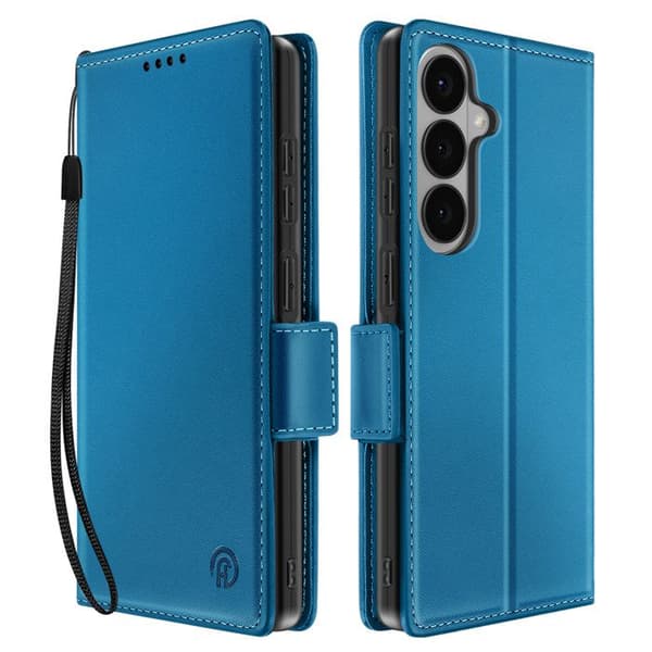 Plånboksfodral för Galaxy S26, sydd läderlook med blå handledsrem Blå