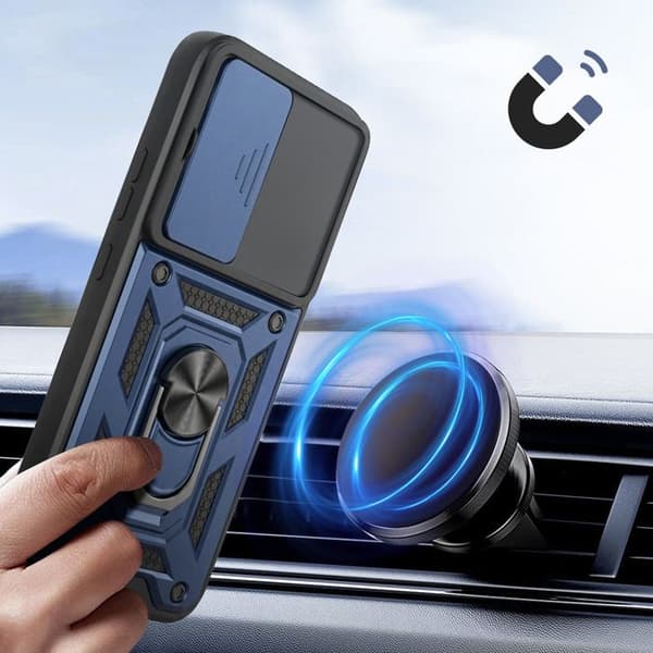Cover til Oppo A6 Pro med støtte ring og skydelåg til kamera i blå Blå