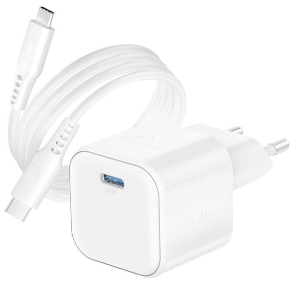 Kompakti 20 W GaN USB C -laturi 1,2 m USB C -kaapelilla Swissten White Vit