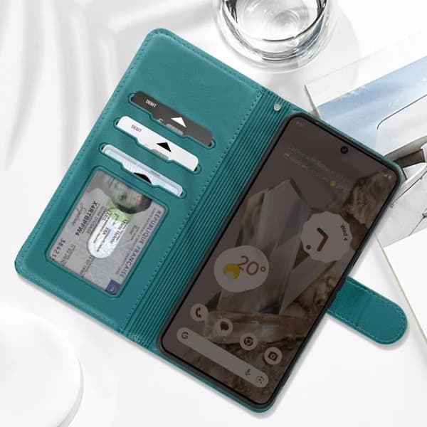 Cat Case Google Pixel 8 Pro Wallet Series Kawaii Cat Cover turkoosille Blå